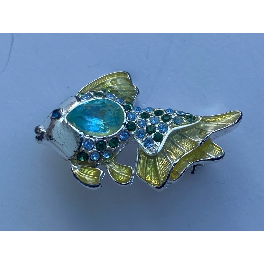 Monet Vintage Fish Brooch Pin Gold Yellow Enamel Turquoise Blue Rhinestones